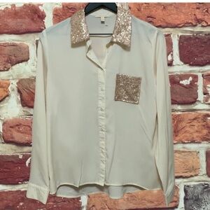 ANTHROPOLOGIE CREAM & GOLD SEQUIN ACCENT BLOUSE